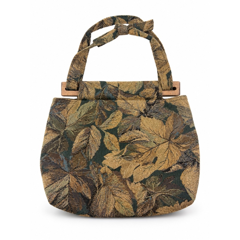 Vintage Y2K Tapestry Leaf Print Wooden Handle Boho Shoulder Bag Purse